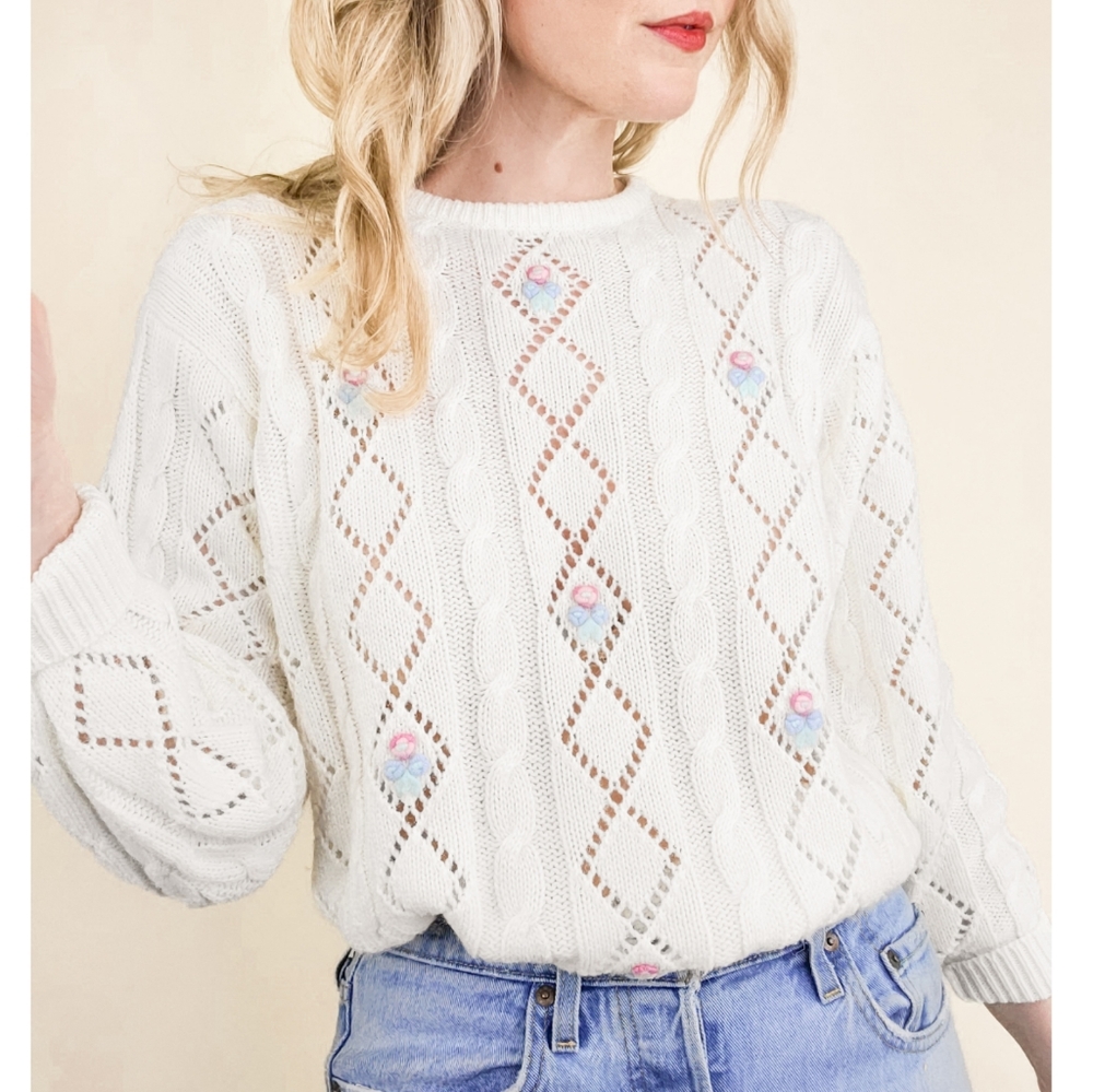 80s Ivory Floral Embroidered Pointelle VTG Sweater - Picture 15 of 16